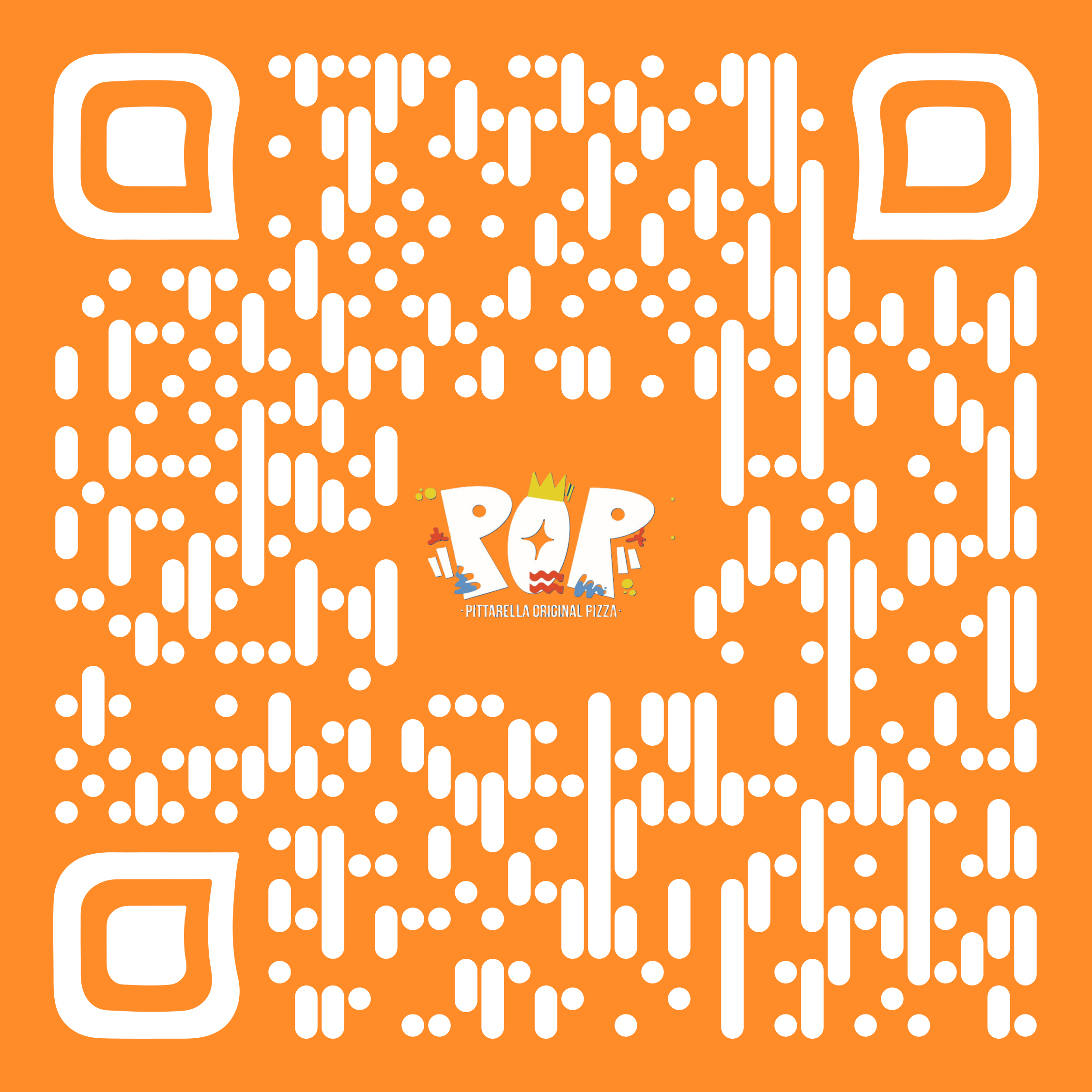 QR code del menu POP su fondo arancione con logo Pittabella Original Pizza al centro